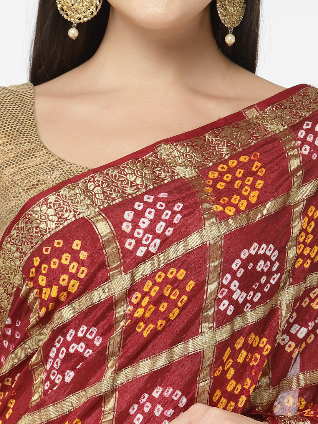 Women Silk Bandhani and Zari Weaving Saree with Unstitched Blouse - Maroon