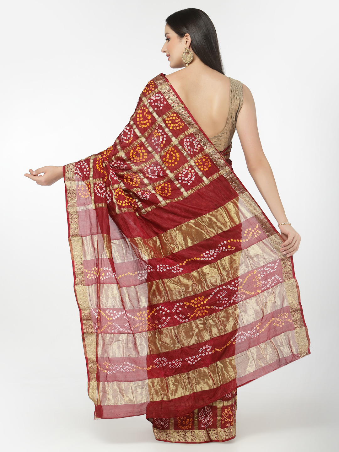 Women Silk Bandhani and Zari Weaving Saree with Unstitched Blouse - Maroon