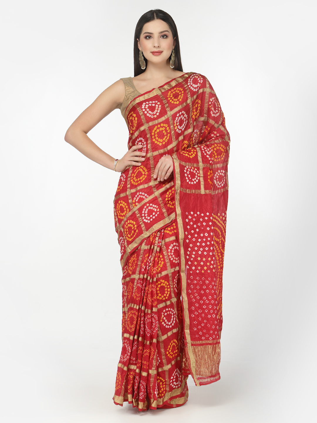 Red Women Silk Bandhani and Zari Weaving Saree with Unstitched Blouse