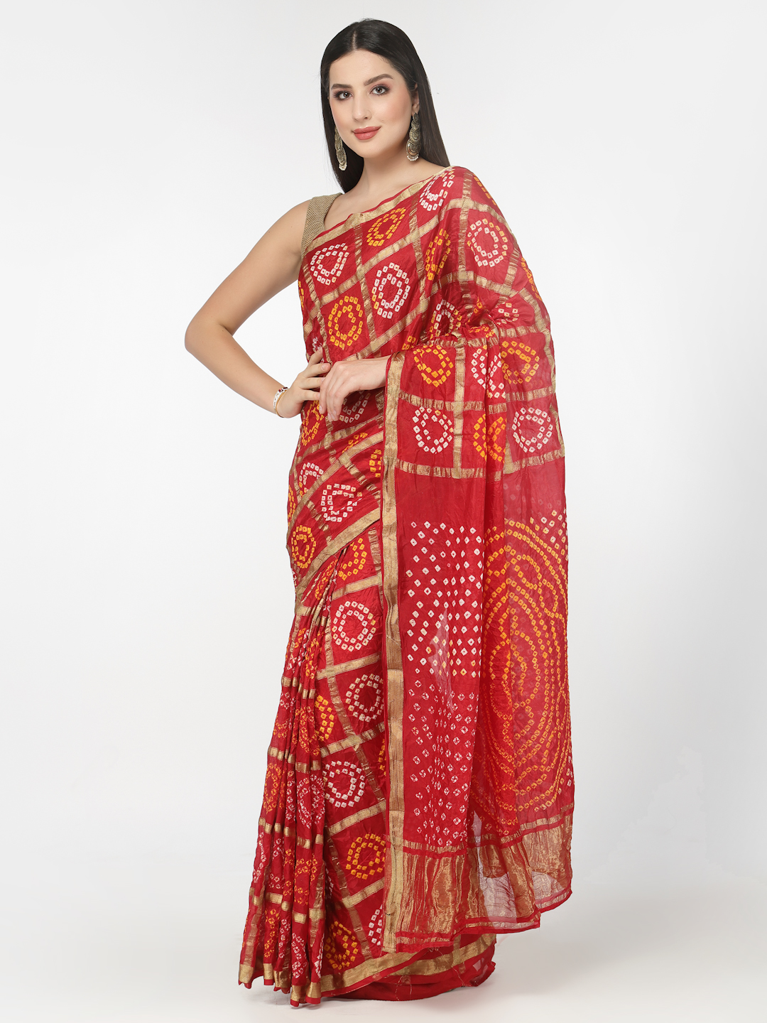 Red Women Silk Bandhani and Zari Weaving Saree with Unstitched Blouse