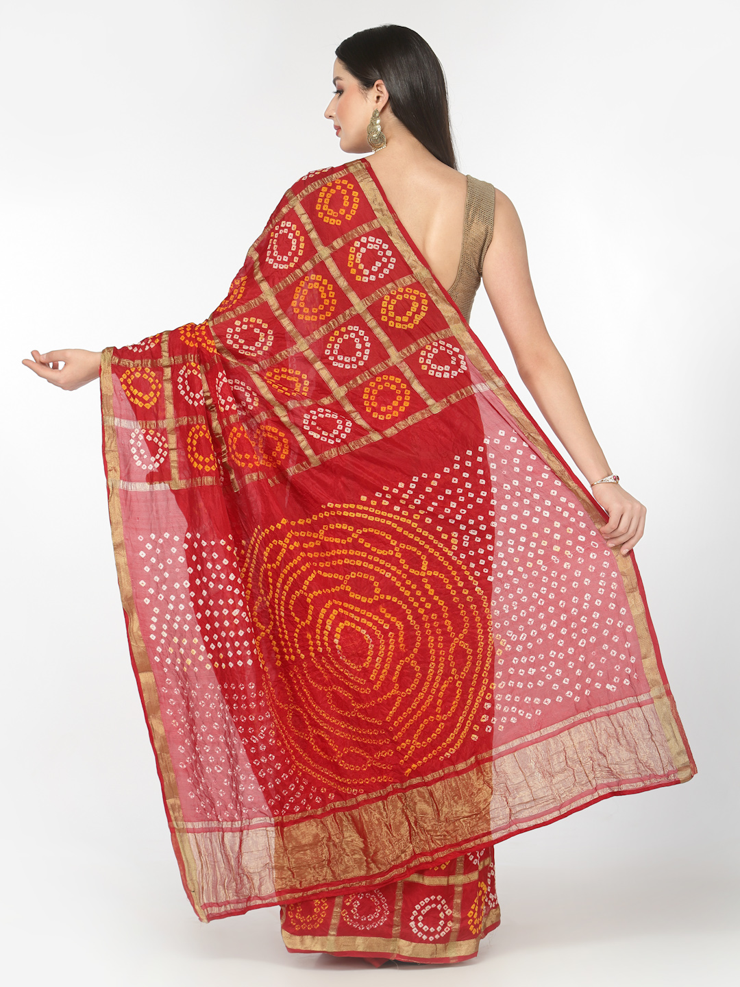 Red Women Silk Bandhani and Zari Weaving Saree with Unstitched Blouse