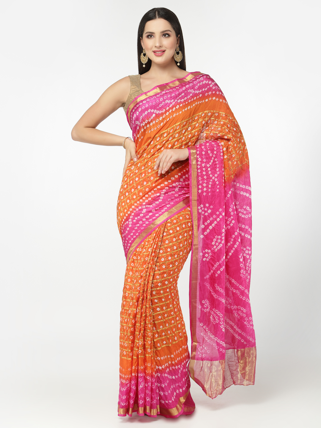 Women Silk Bandhani and Zari Weaving Saree with Unstitched Blouse - Orange And Pink