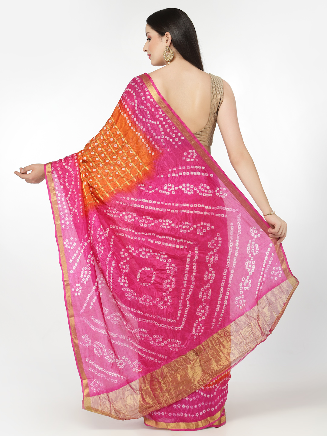 Women Silk Bandhani and Zari Weaving Saree with Unstitched Blouse - Orange And Pink