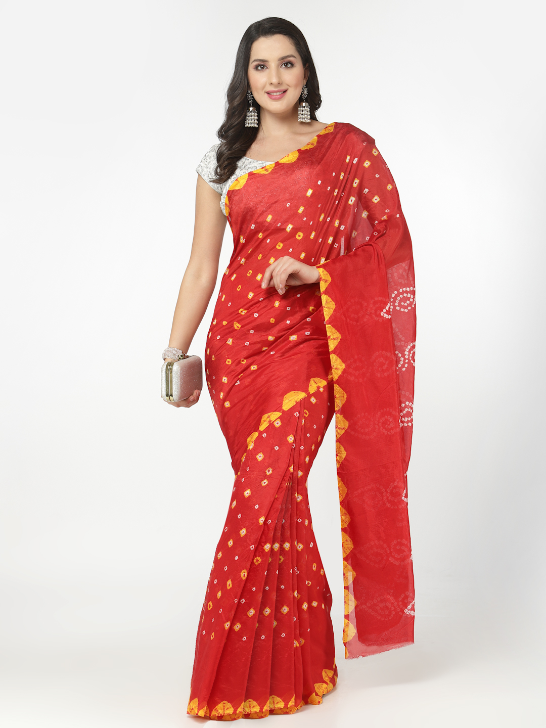 Women Silk Bandhani and Zari Weaving Saree with Unstitched Blouse - Red