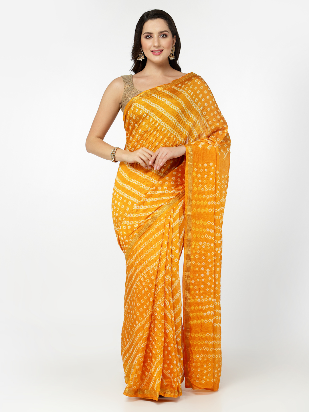 Silk Bandhani and Zari Weaving Saree with Unstitched Blouse - Orange And White