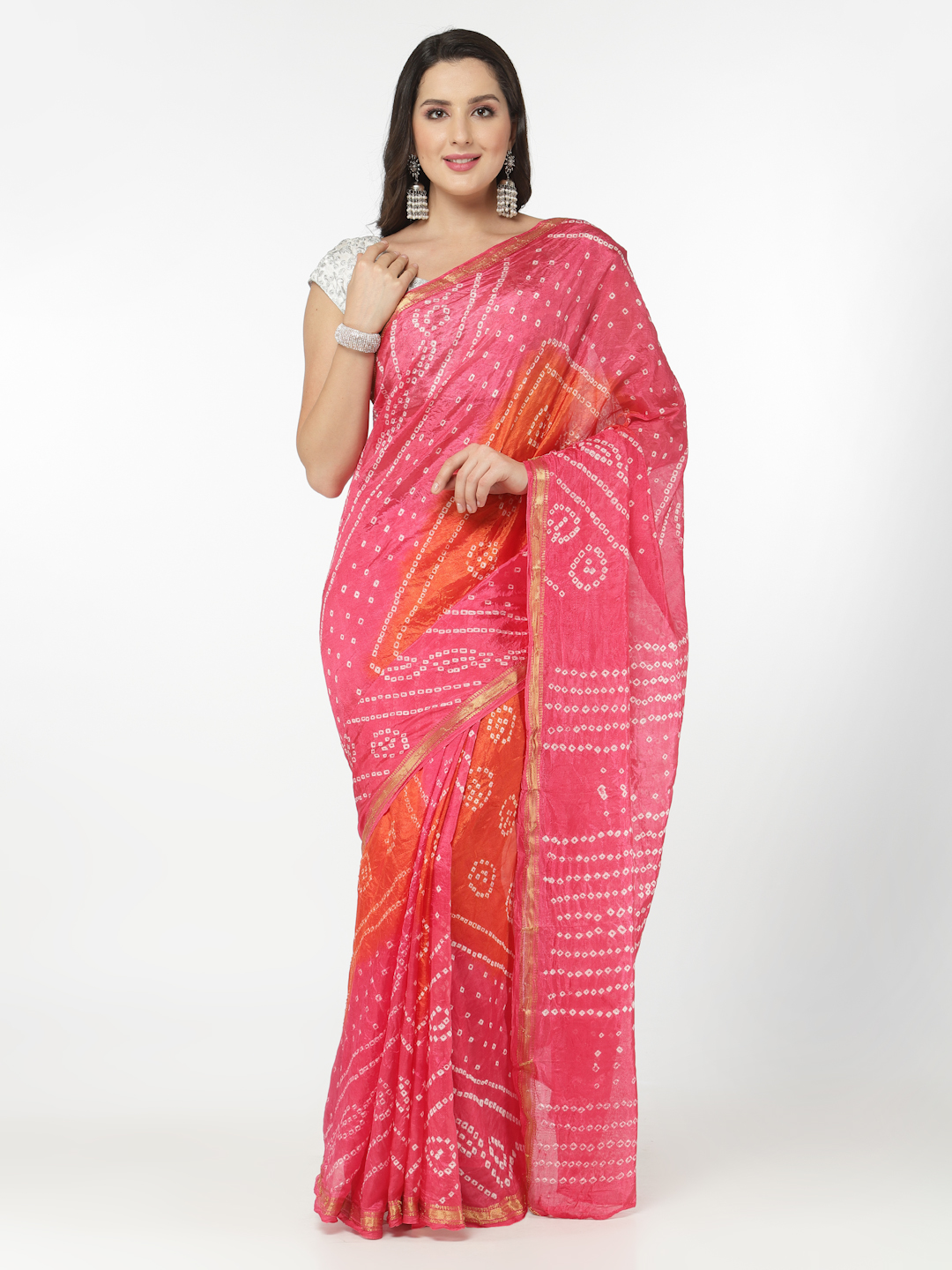 Women Silk Bandhani and Zari Weaving Saree with Unstitched Blouse - Pink And Orange