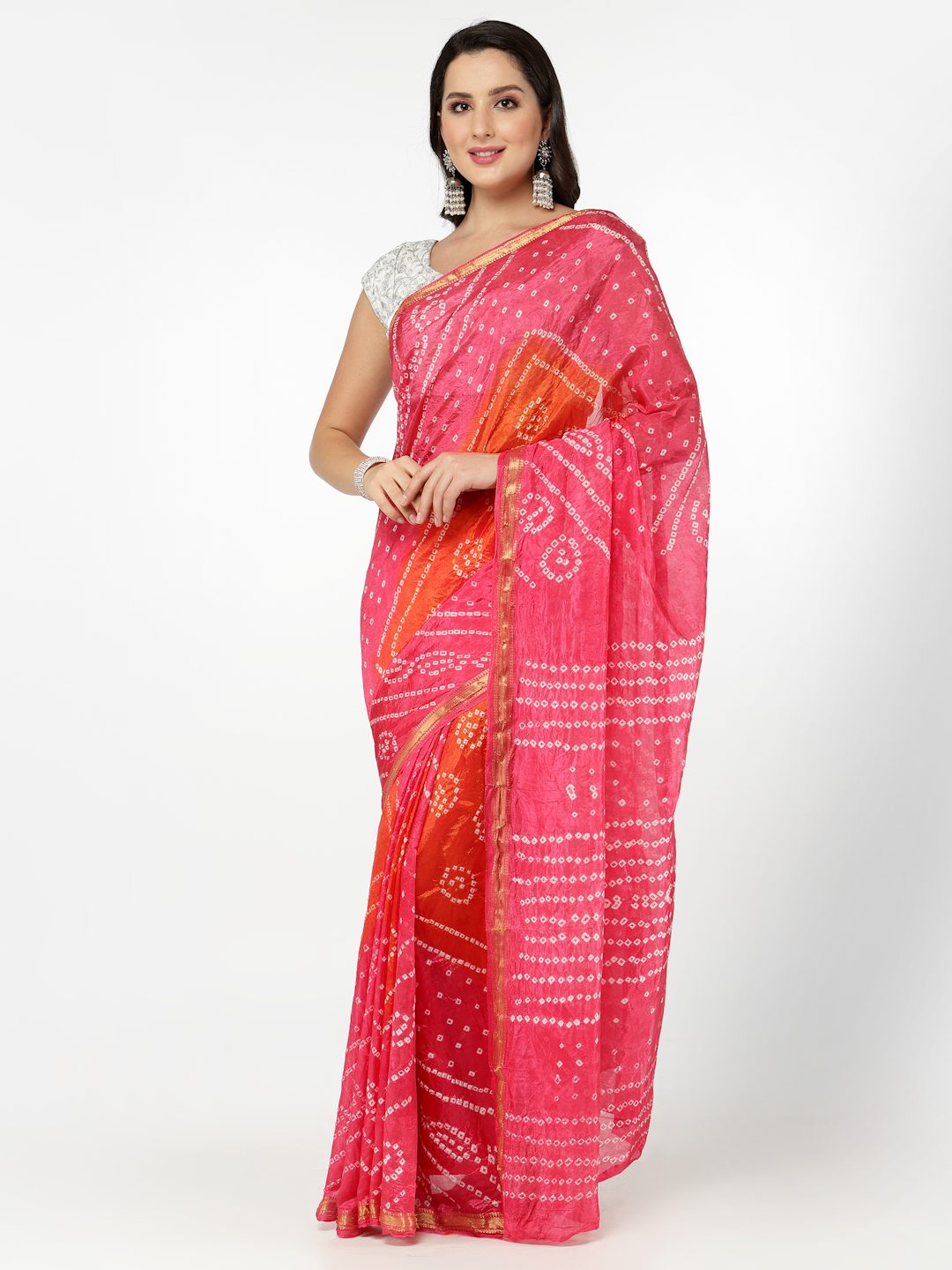 Women Silk Bandhani and Zari Weaving Saree with Unstitched Blouse - Pink And Orange