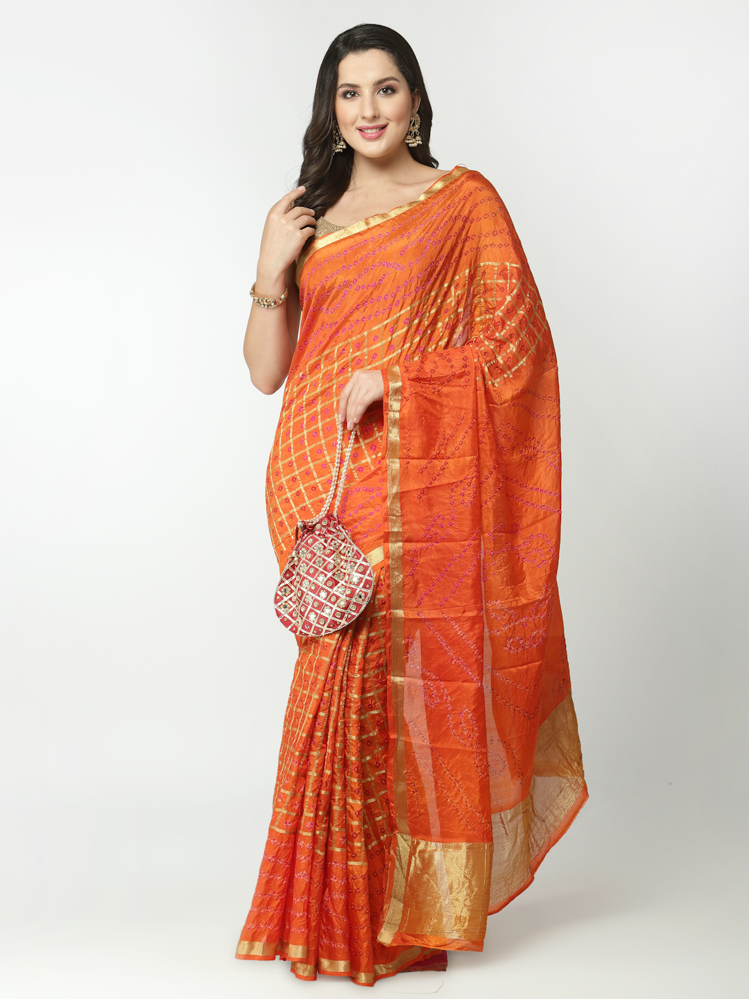 Orange Women Silk Bandhani and Zari Weaving Saree with Unstitched Blouse