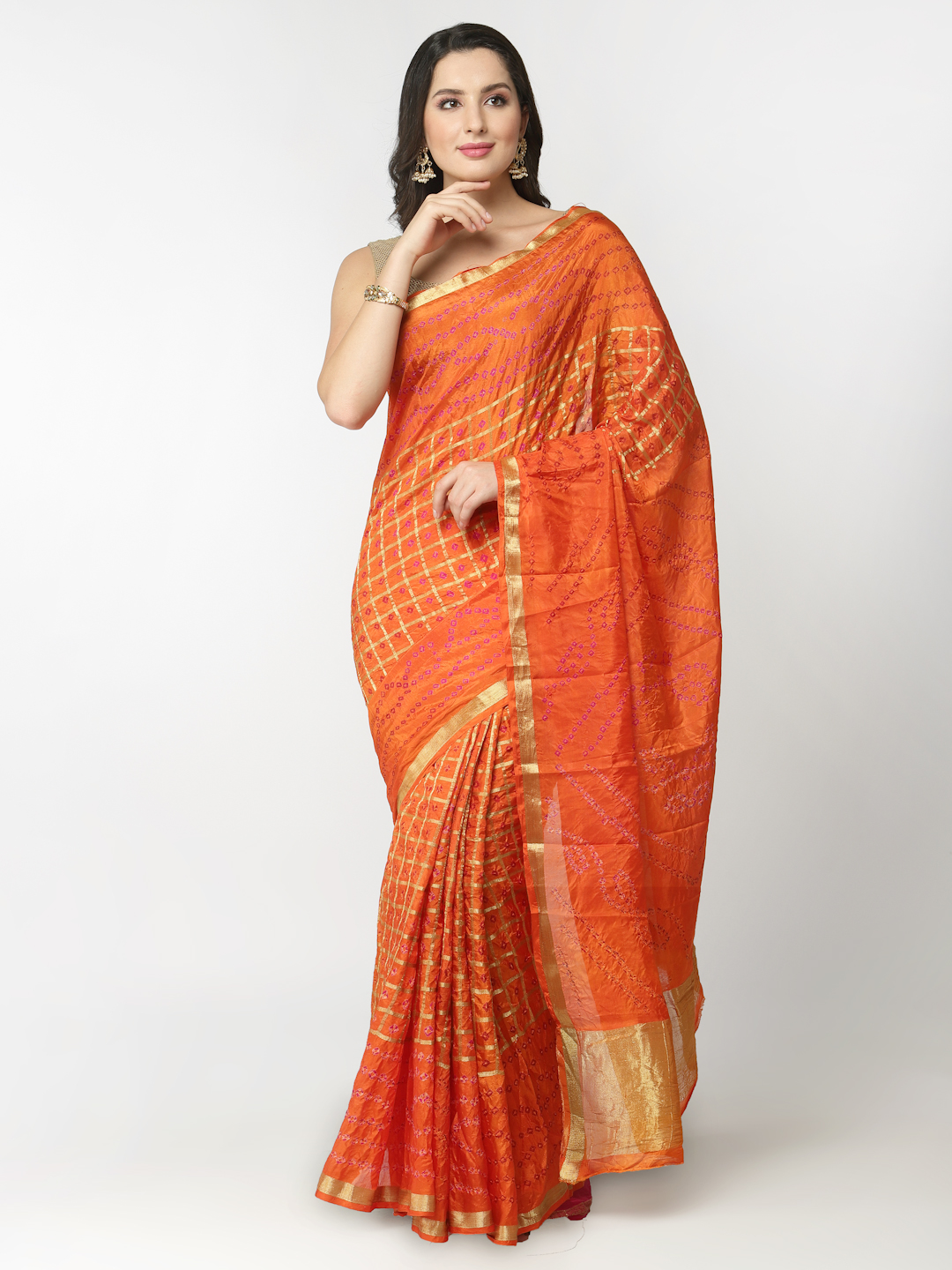 Orange Women Silk Bandhani and Zari Weaving Saree with Unstitched Blouse