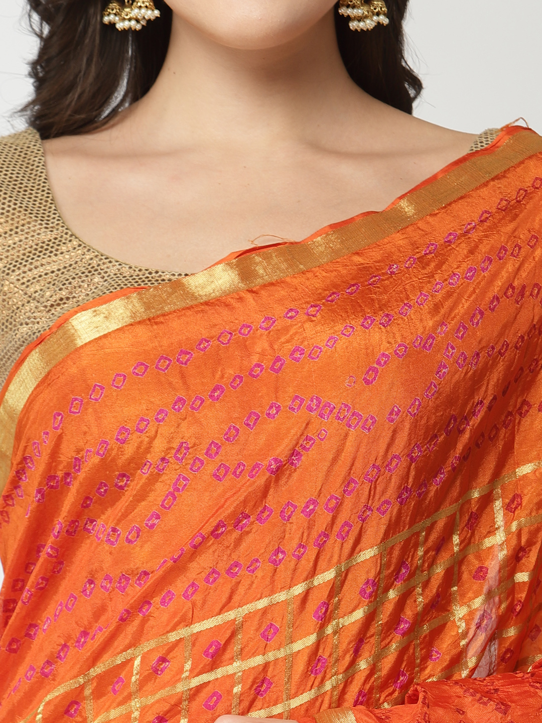 Orange Women Silk Bandhani and Zari Weaving Saree with Unstitched Blouse