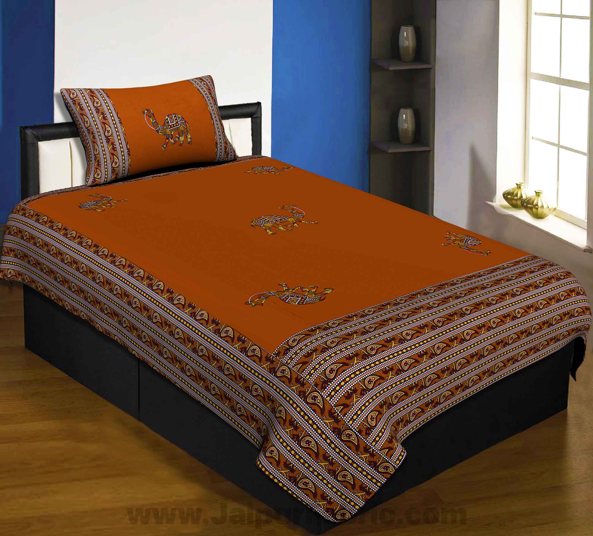 Applique Mustard Camel Jaipuri  Hand Made Embroidery Patch Work Single Bedsheet