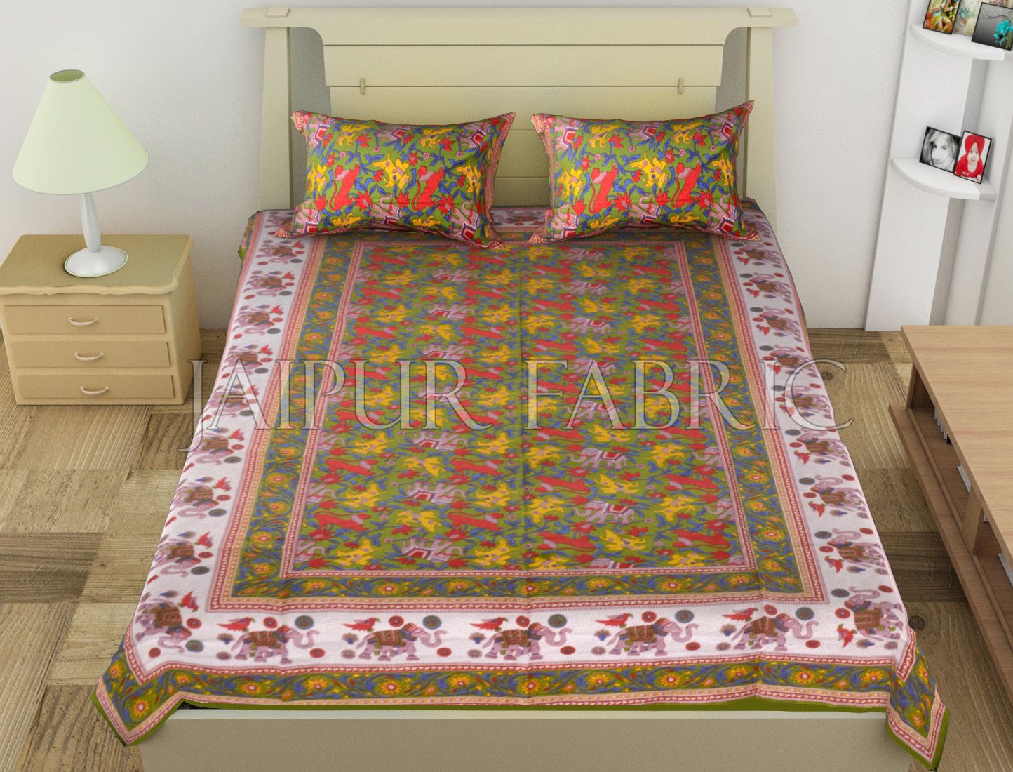 Green Elephant and Tropical Printed Rajasthani Cotton Single Bed Sheet