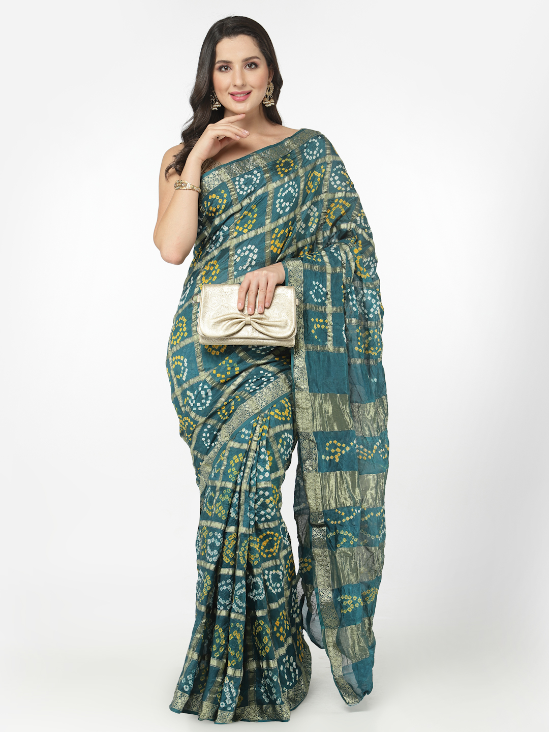 Silk Bandhani and Zari Weaving Saree with Unstitched Blouse - Green