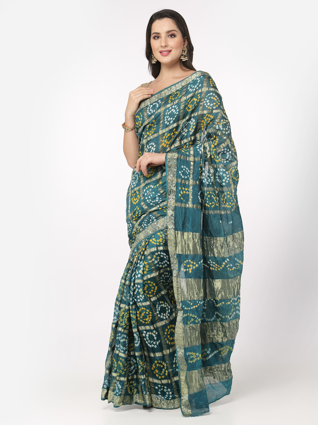 Silk Bandhani and Zari Weaving Saree with Unstitched Blouse - Green