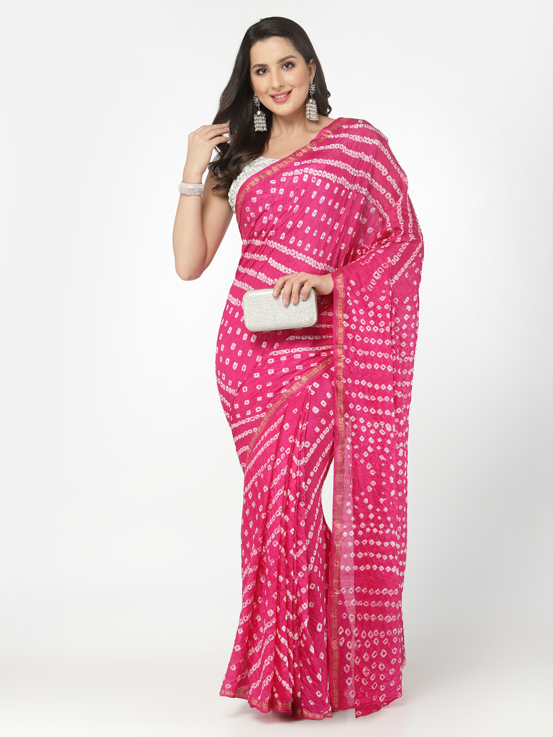 Women Silk Bandhani and Zari Weaving Saree with Unstitched Blouse - Pink And White