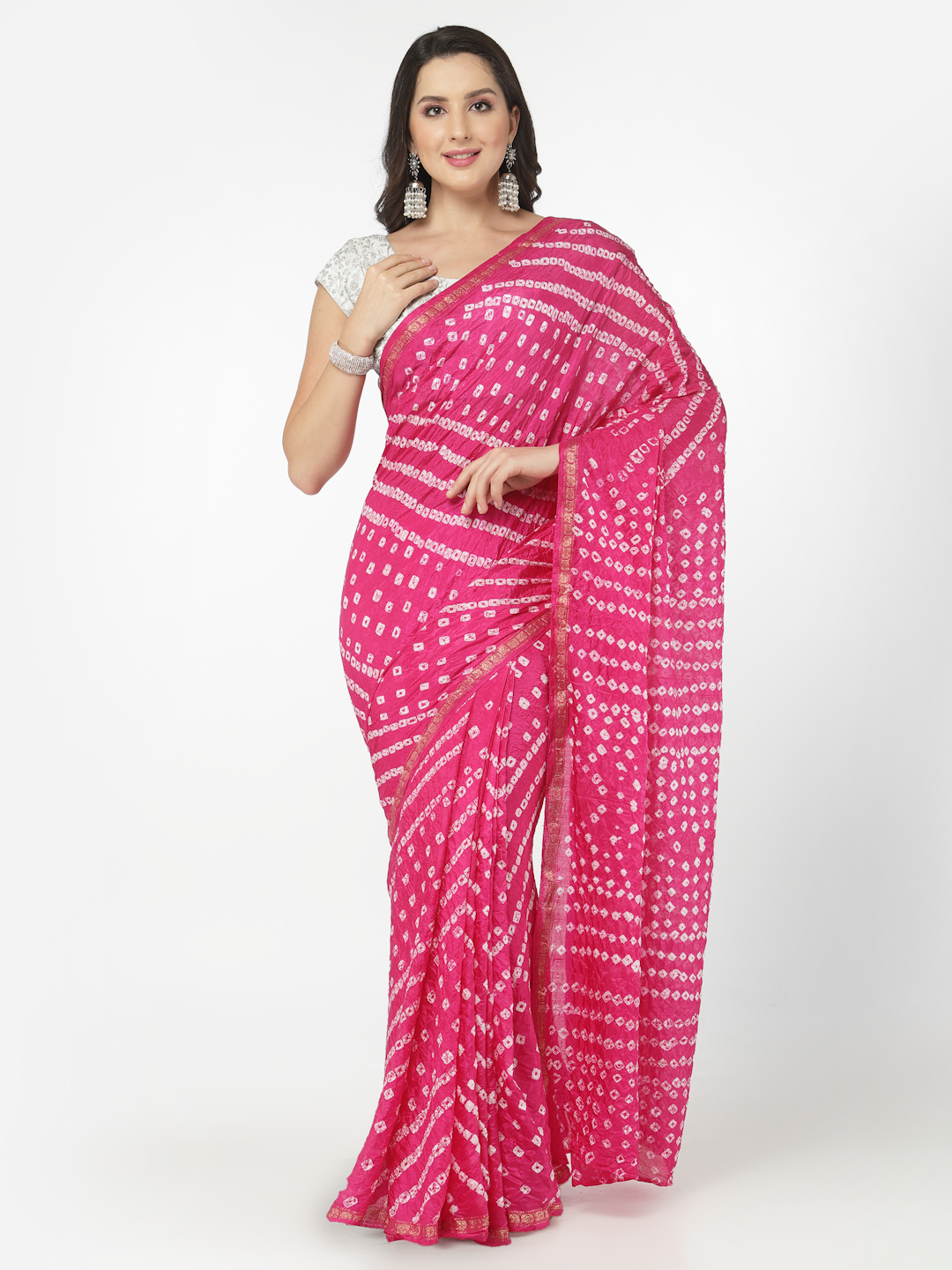 Women Silk Bandhani and Zari Weaving Saree with Unstitched Blouse - Pink And White