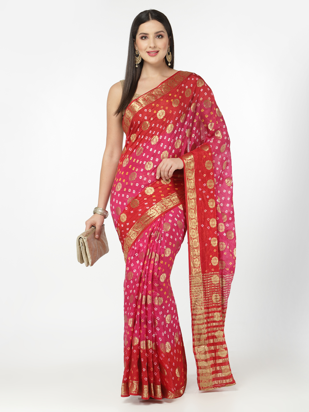 Pink And Red Women Silk Bandhani and Zari Weaving Saree with Unstitched Blouse