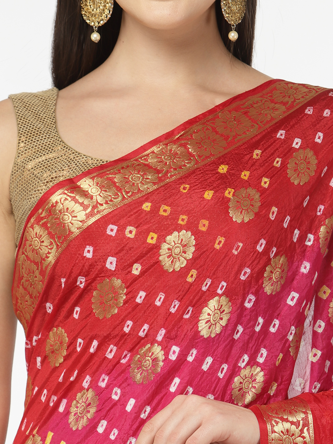 Pink And Red Women Silk Bandhani and Zari Weaving Saree with Unstitched Blouse