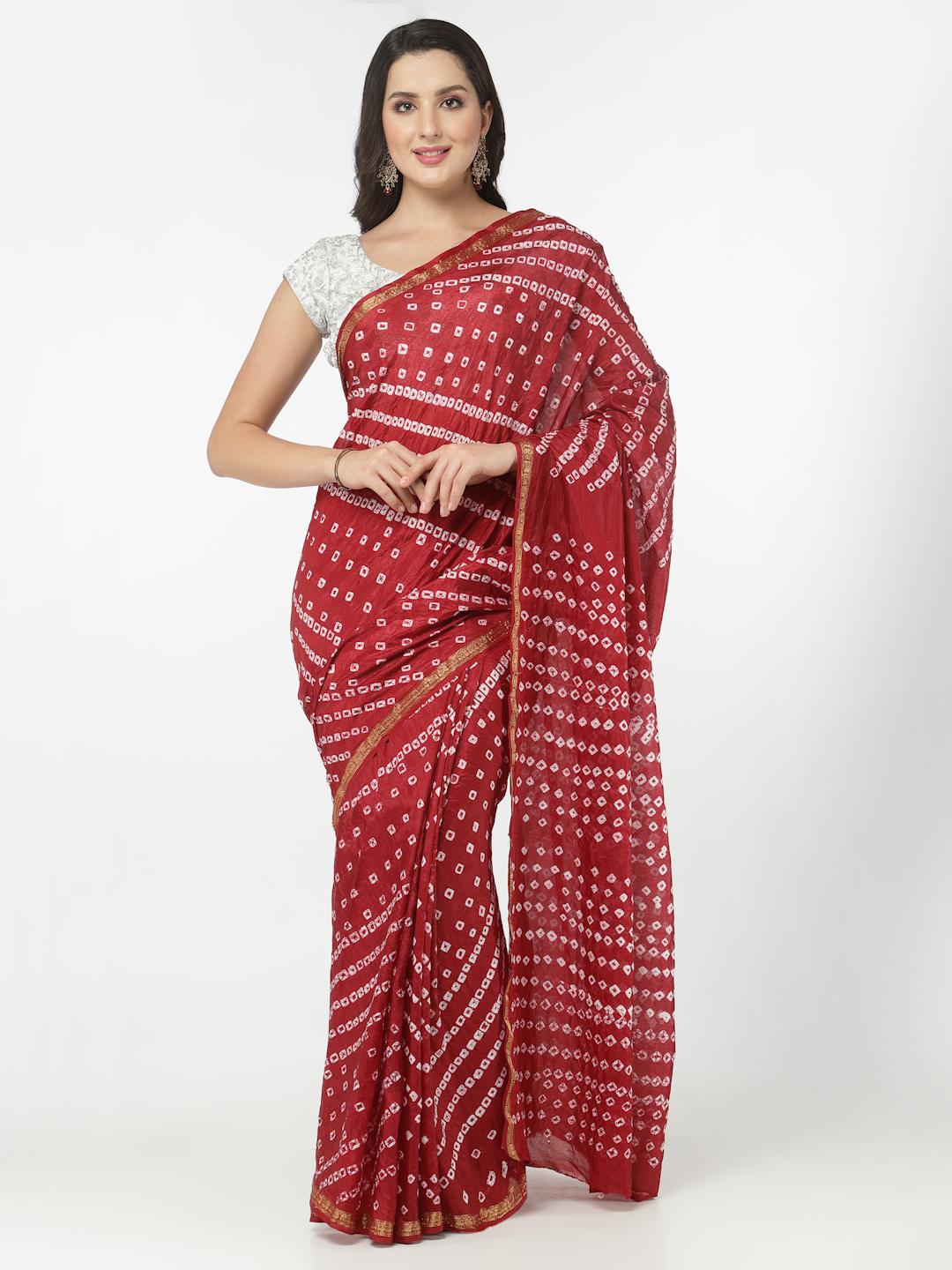 Silk Bandhani and Zari Weaving Saree with Unstitched Blouse - Maroon And White