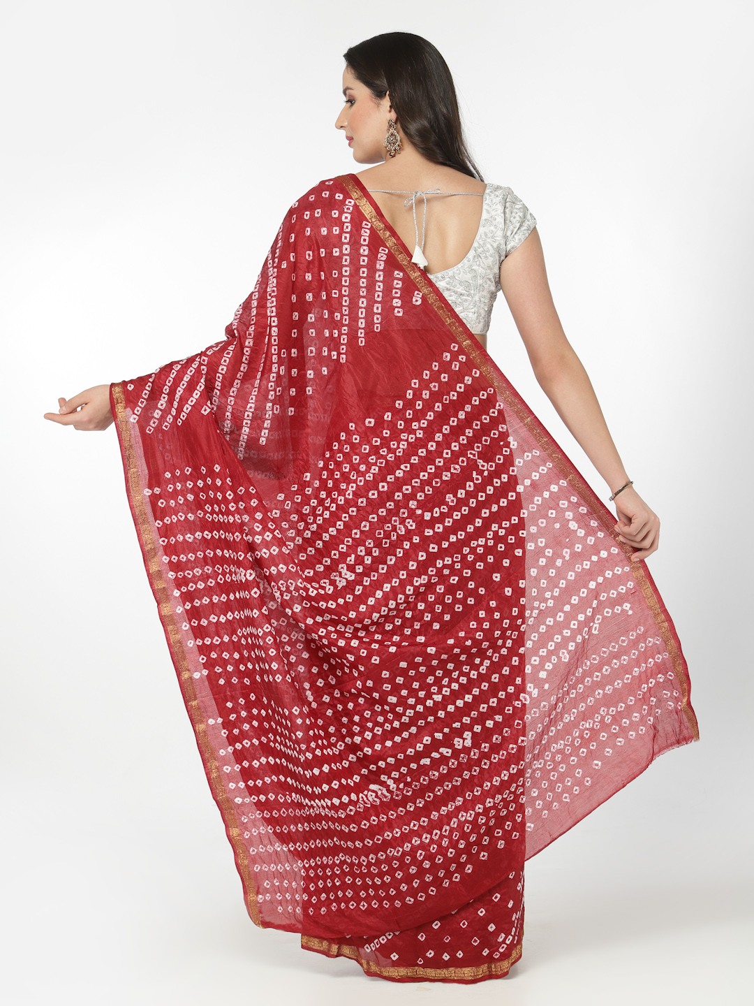 Silk Bandhani and Zari Weaving Saree with Unstitched Blouse - Maroon And White