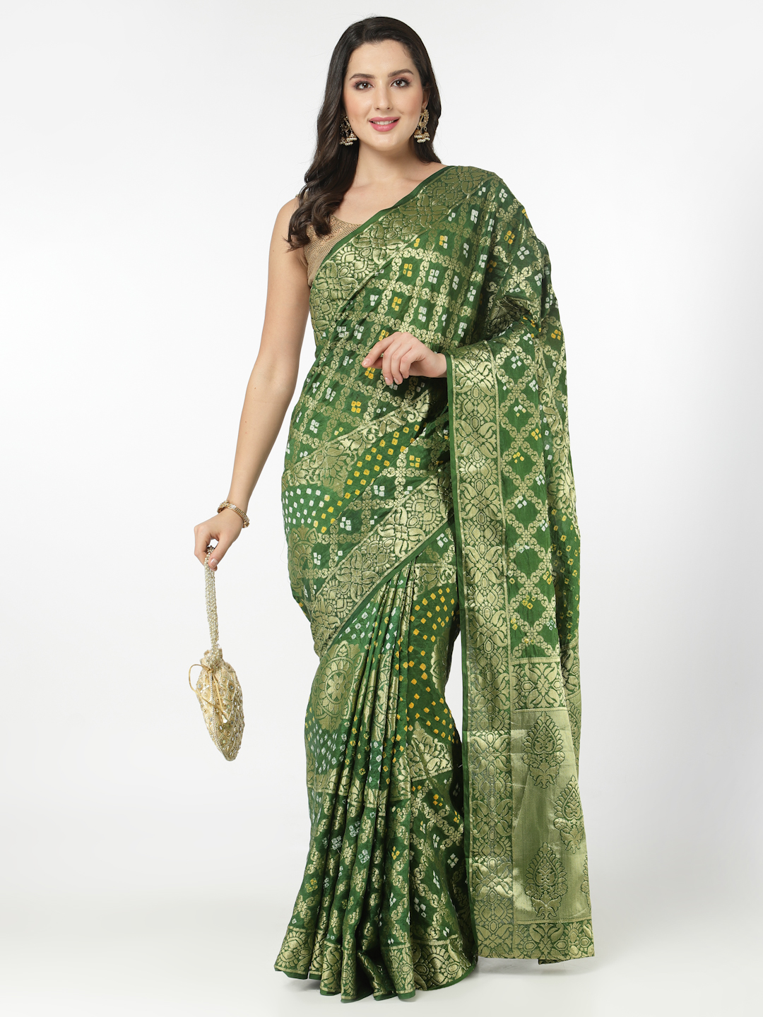 Women Silk Bandhani and Zari Weaving Saree with Unstitched Blouse - Green