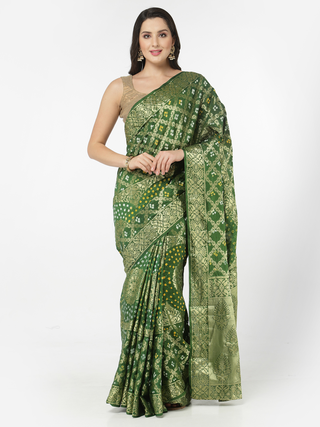 Women Silk Bandhani and Zari Weaving Saree with Unstitched Blouse - Green