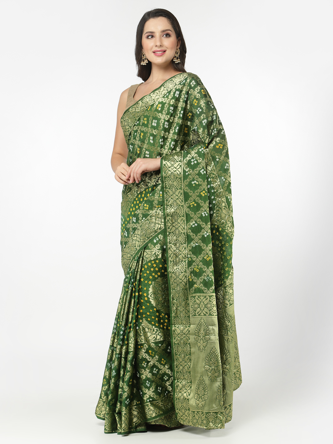 Women Silk Bandhani and Zari Weaving Saree with Unstitched Blouse - Green