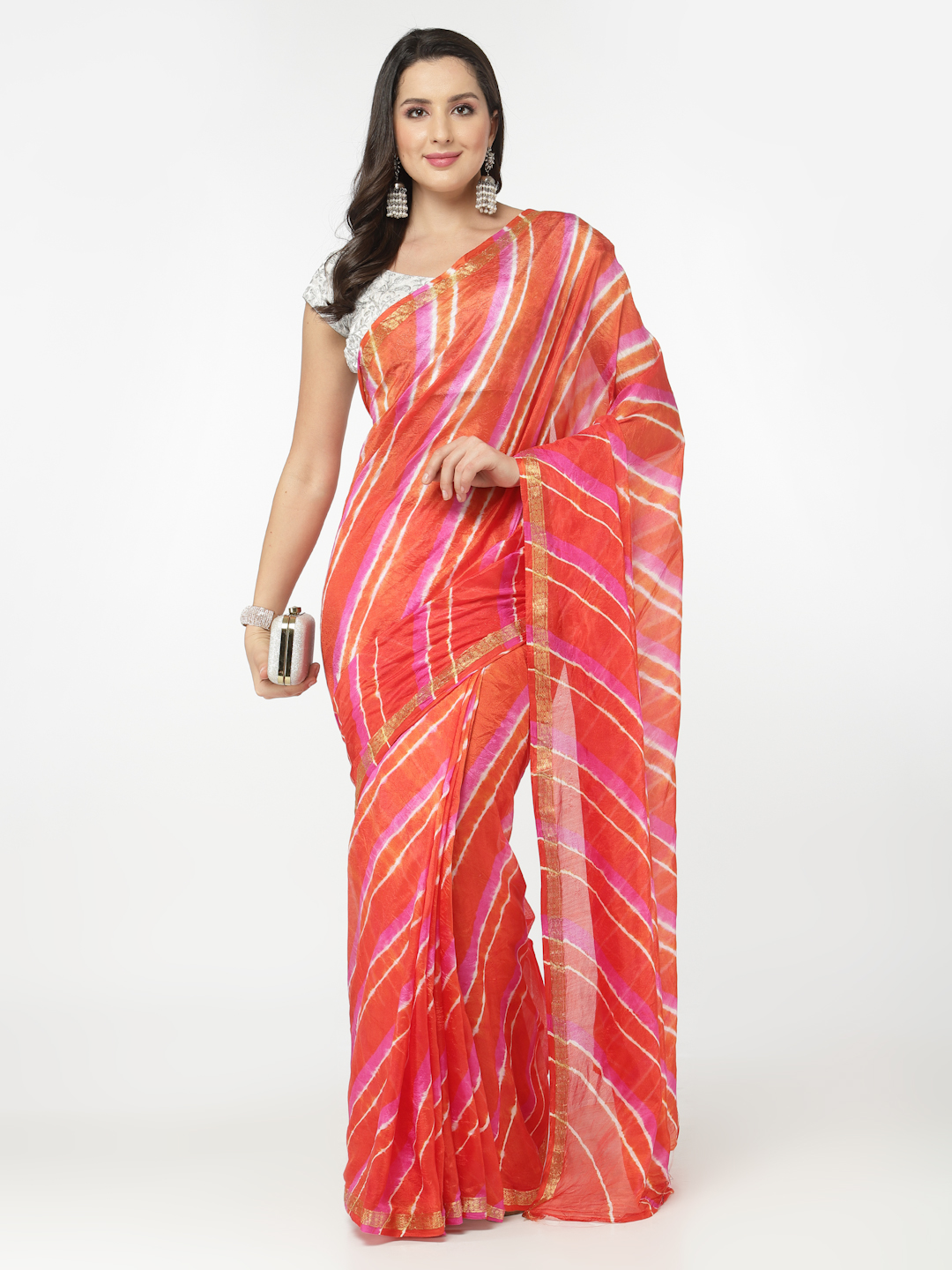 Women Silk Bandhani and Zari Weaving Saree with Unstitched Blouse - Orange