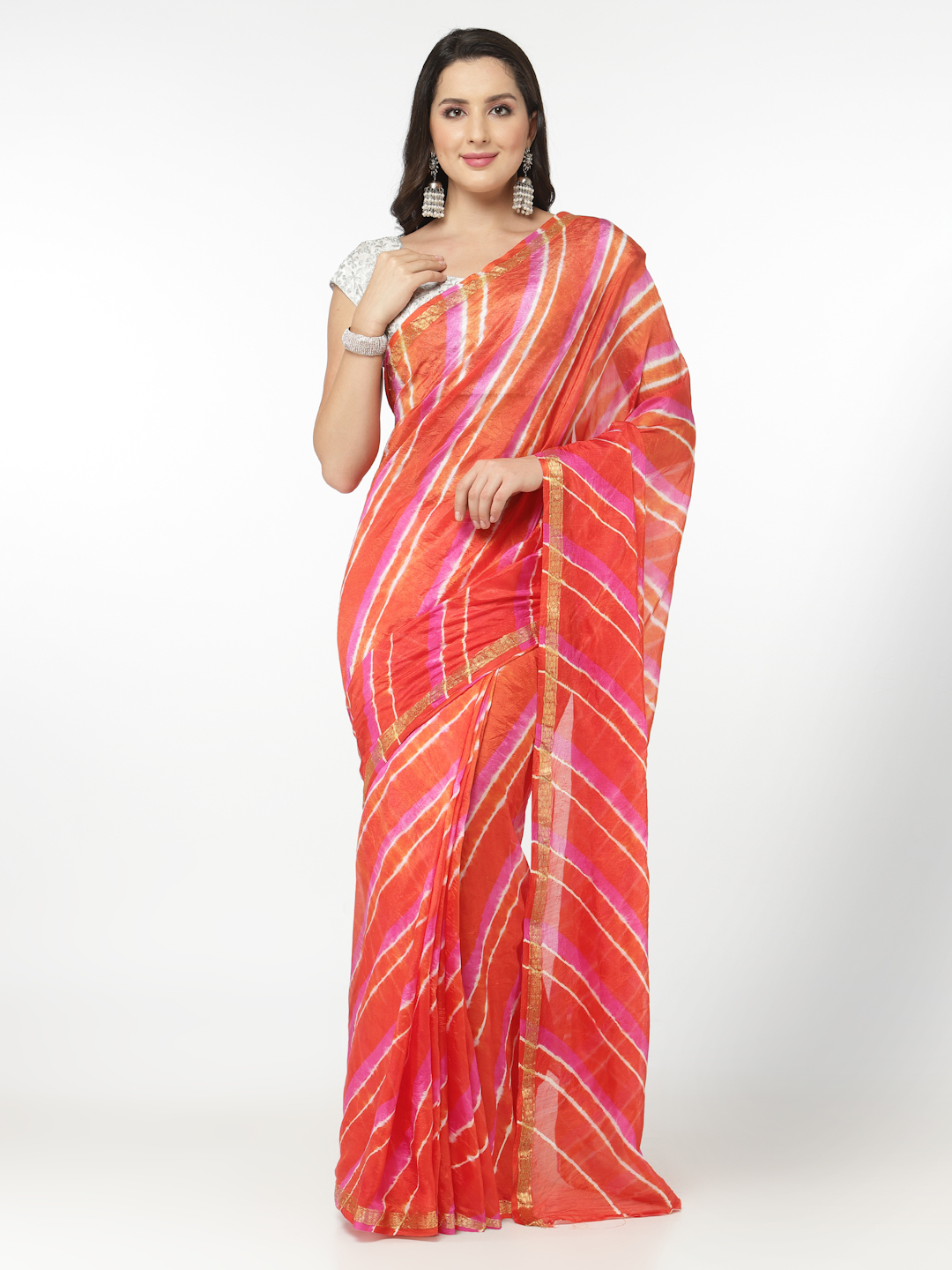 Women Silk Bandhani and Zari Weaving Saree with Unstitched Blouse - Orange