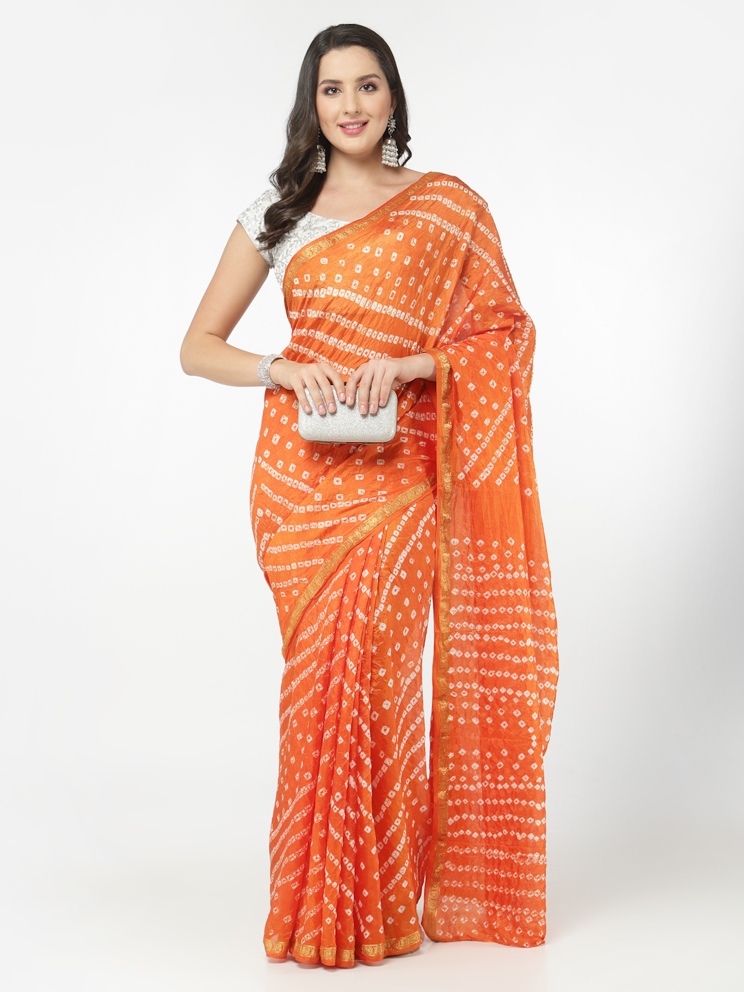 Silk Bandhani and Zari Weaving Saree with Unstitched Blouse - Orange