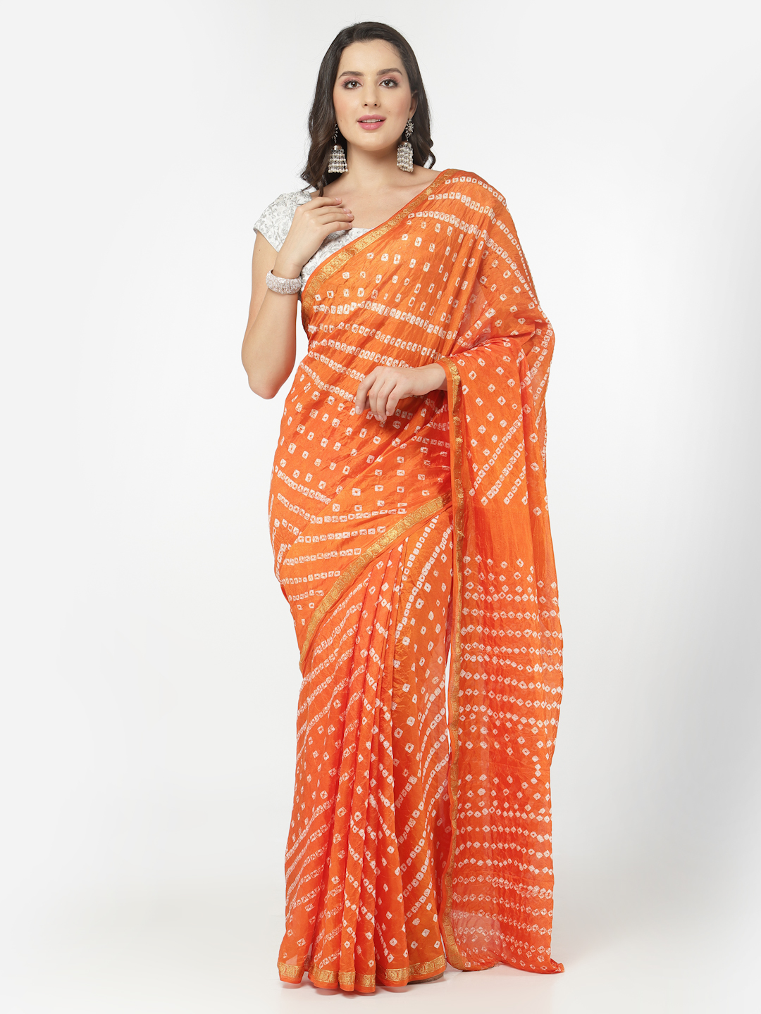 Silk Bandhani and Zari Weaving Saree with Unstitched Blouse - Orange