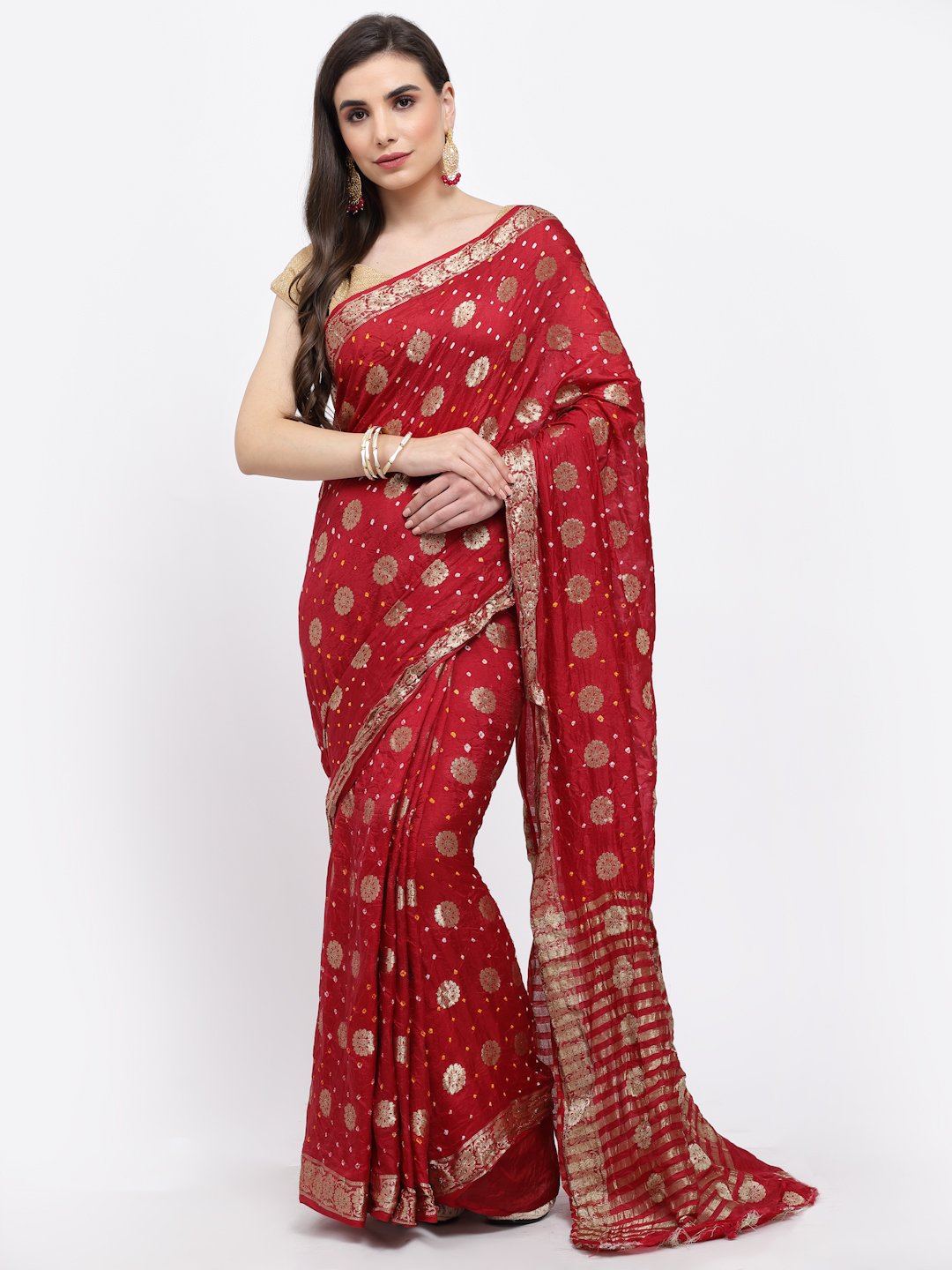 Women Bandhani With Zari Weaving Silk Saree And Blouse Maroon with Unstitched-Red