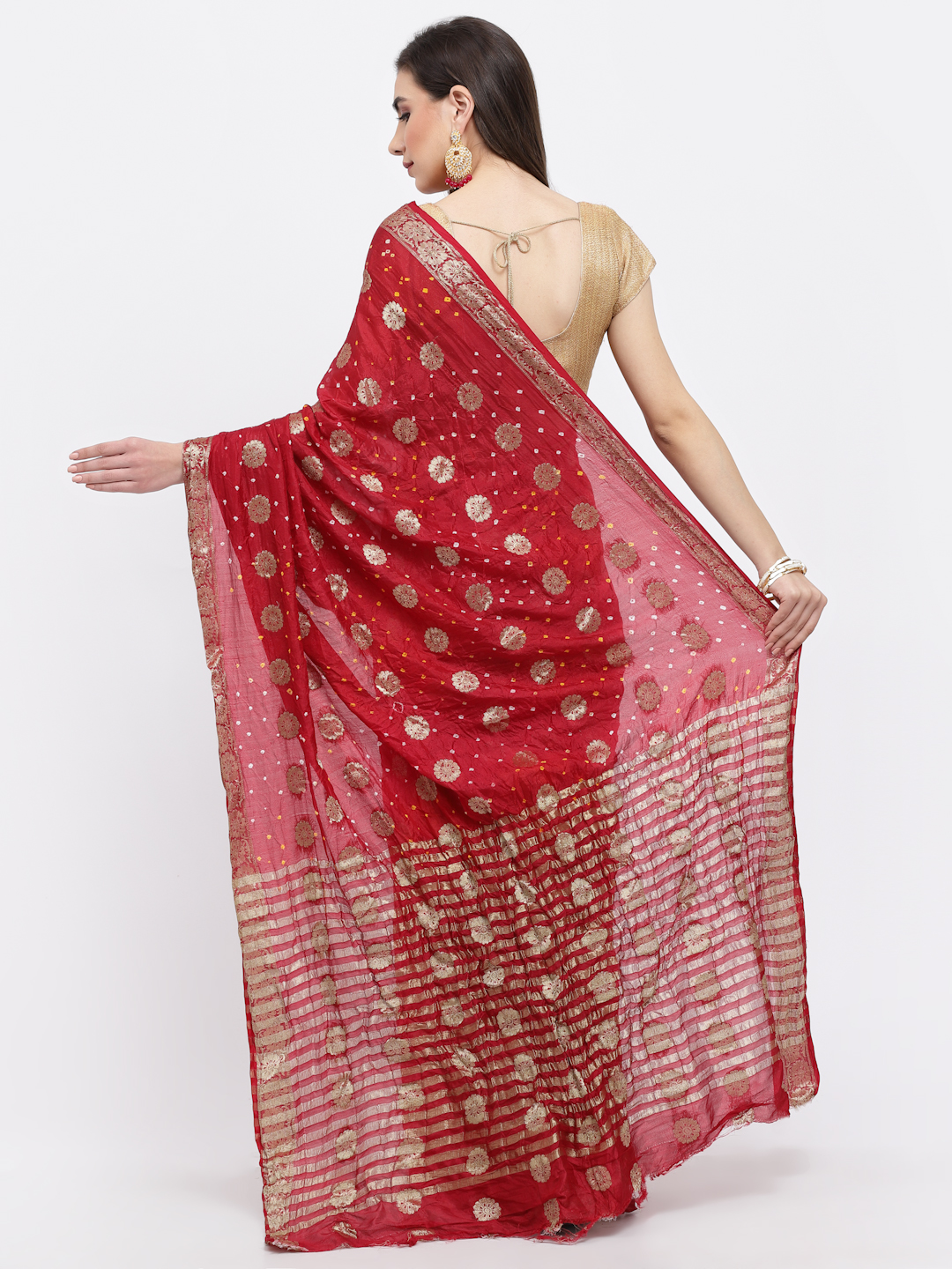 Women Bandhani With Zari Weaving Silk Saree And Blouse Maroon with Unstitched-Red