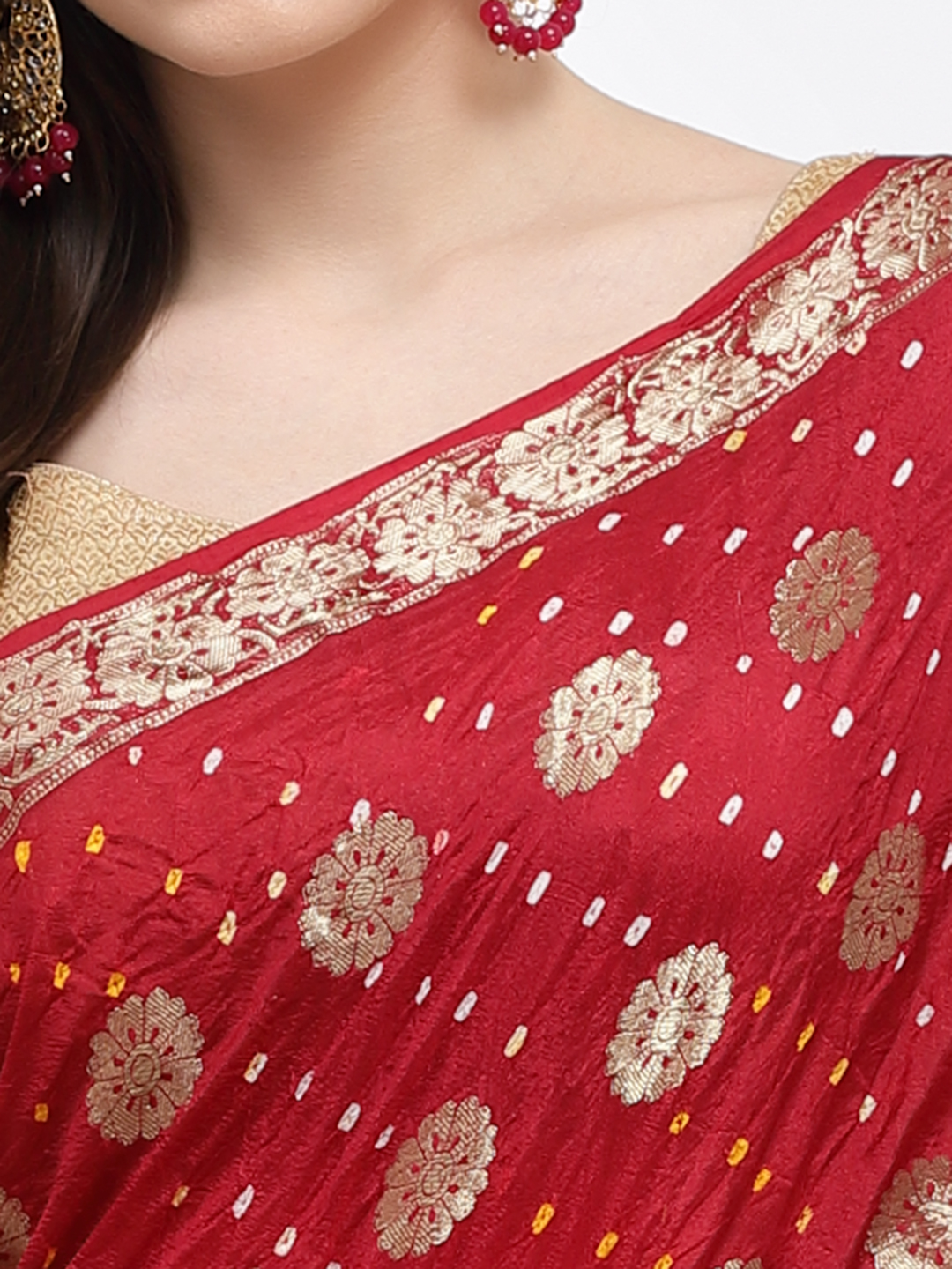 Women Bandhani With Zari Weaving Silk Saree And Blouse Maroon with Unstitched-Red