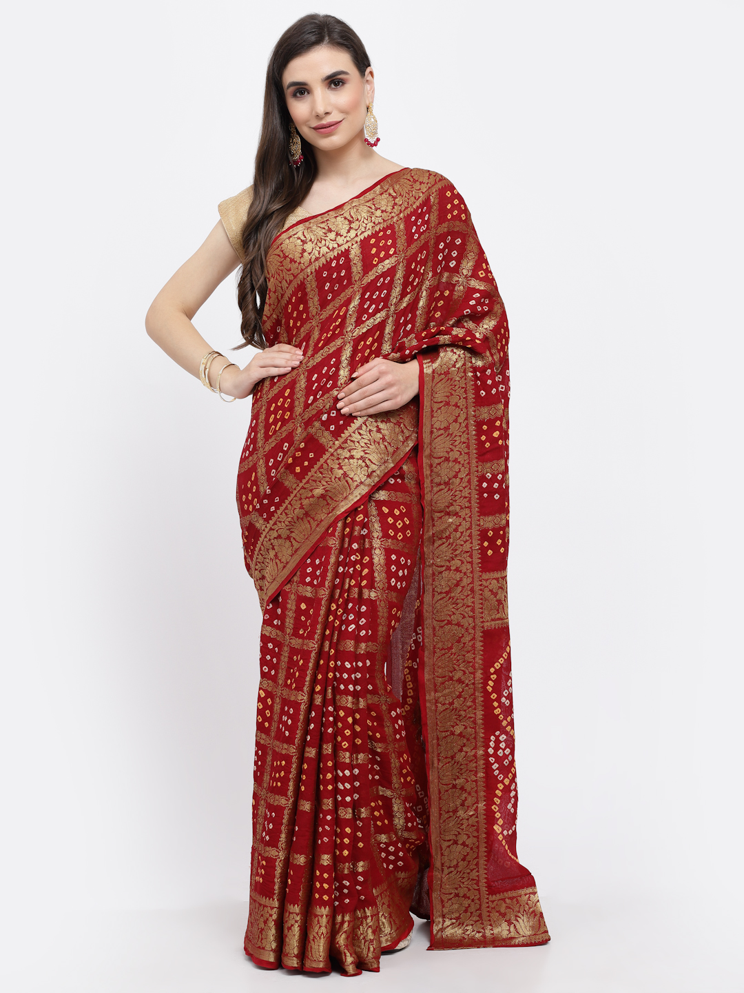 Women Bandhani With Zari Weaving Silk Saree And Blouse Maroon