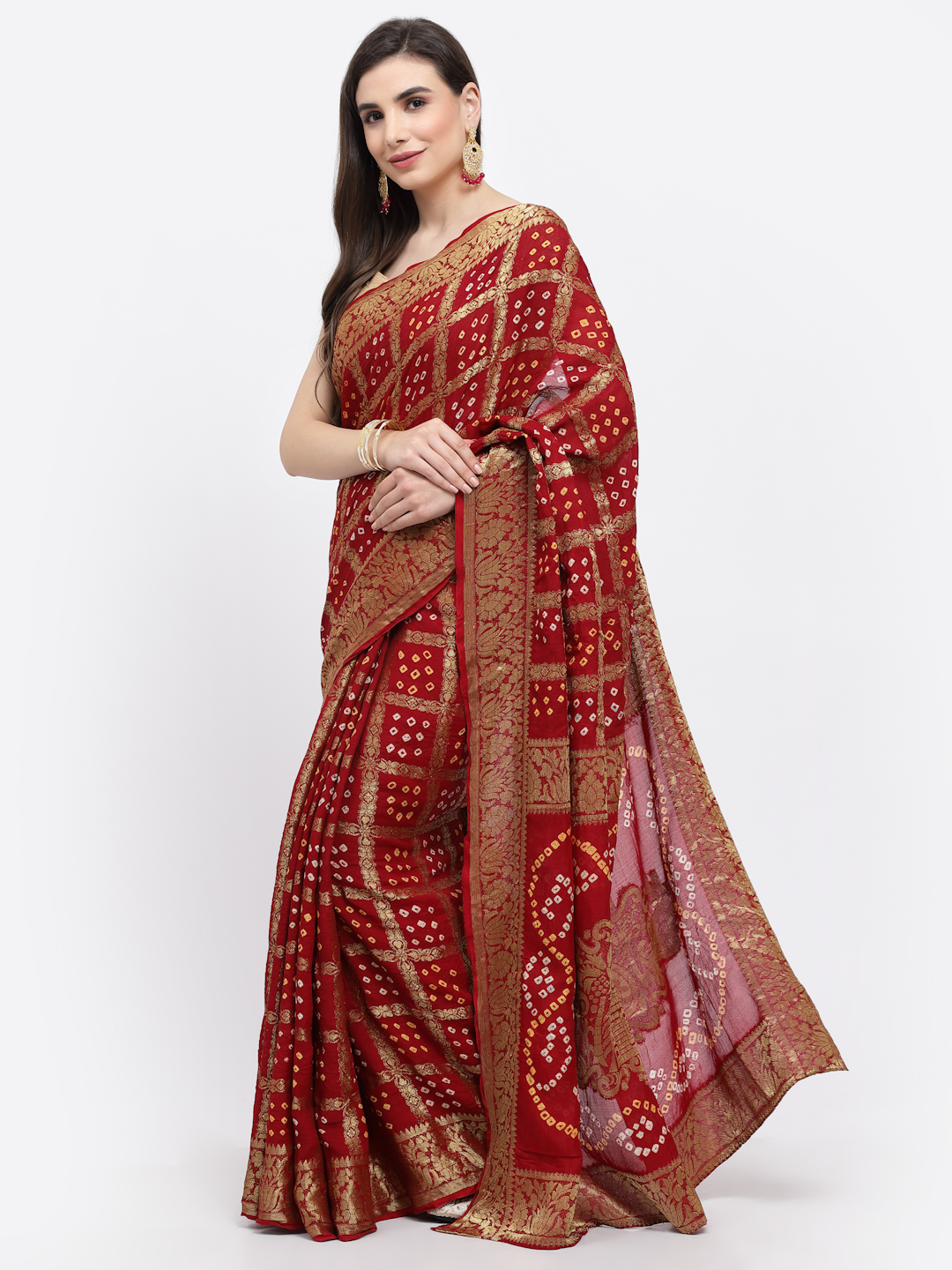 Women Bandhani With Zari Weaving Silk Saree And Blouse Maroon