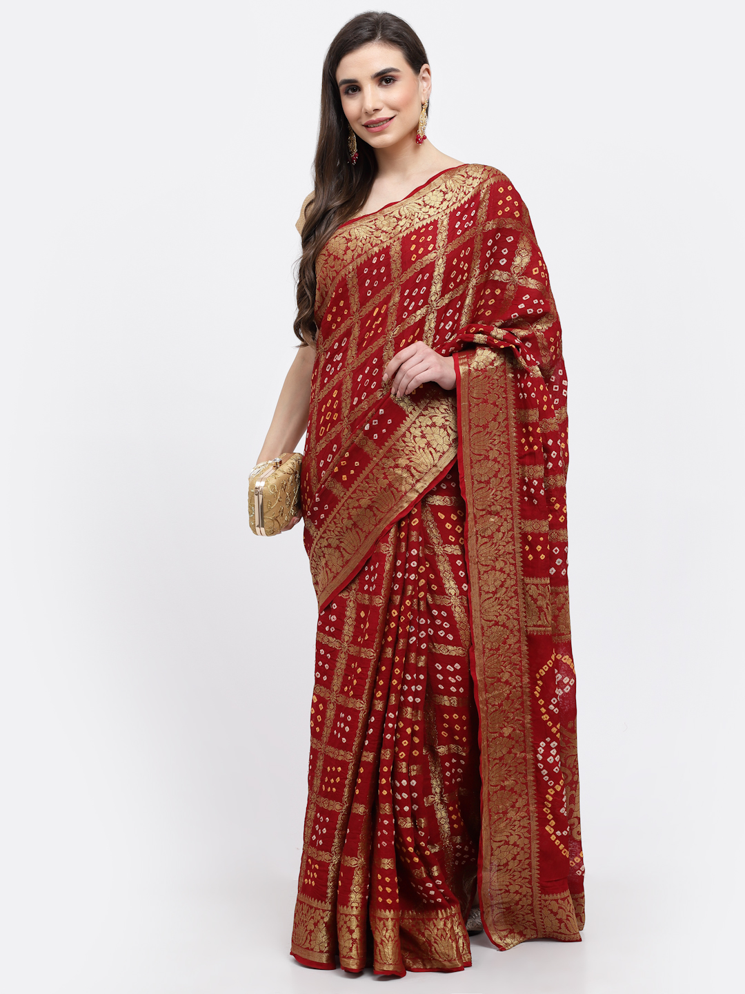 Women Bandhani With Zari Weaving Silk Saree And Blouse Maroon