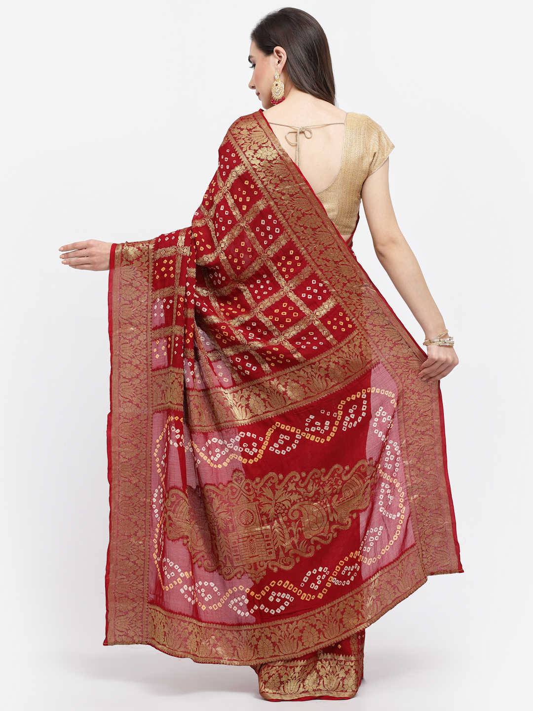 Women Bandhani With Zari Weaving Silk Saree And Blouse Maroon