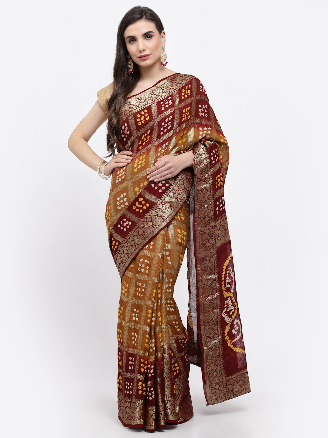 Women Bandhani With Zari Weaving Silk Saree And Blouse Multicolor with Unstitched