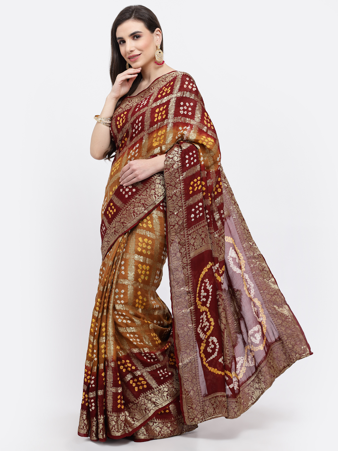 Women Bandhani With Zari Weaving Silk Saree And Blouse Multicolor with Unstitched