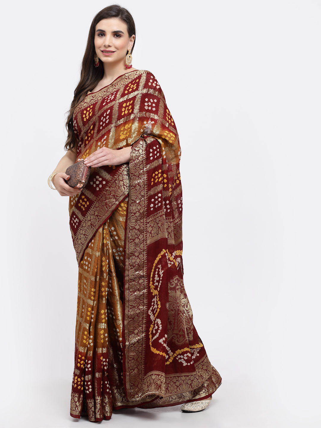 Women Bandhani With Zari Weaving Silk Saree And Blouse Multicolor with Unstitched