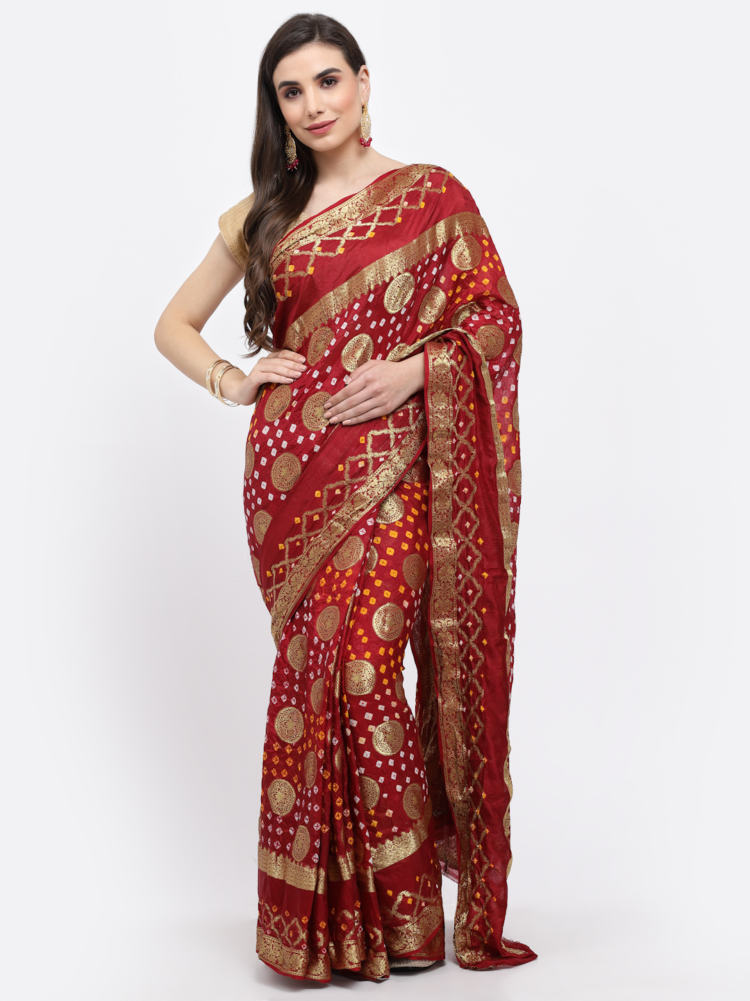 Women Bandhani With Zari Weaving Silk Saree And Blouse Maroon with Unstitched-Red