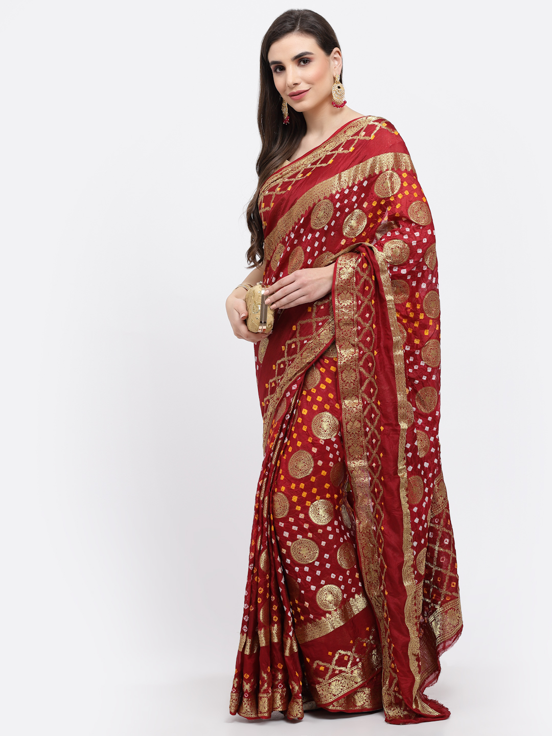 Women Bandhani With Zari Weaving Silk Saree And Blouse Maroon with Unstitched-Red