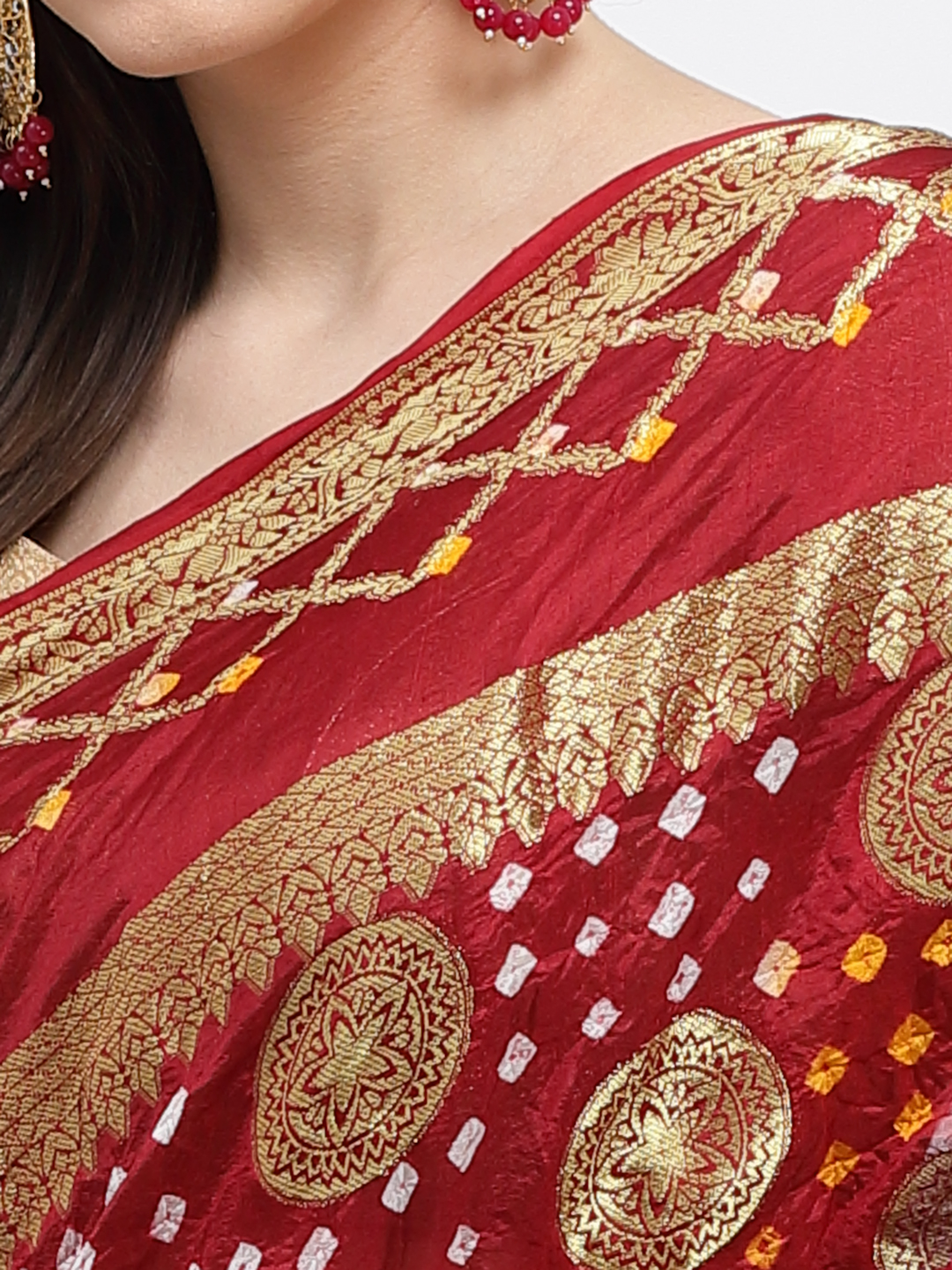 Women Bandhani With Zari Weaving Silk Saree And Blouse Maroon with Unstitched-Red