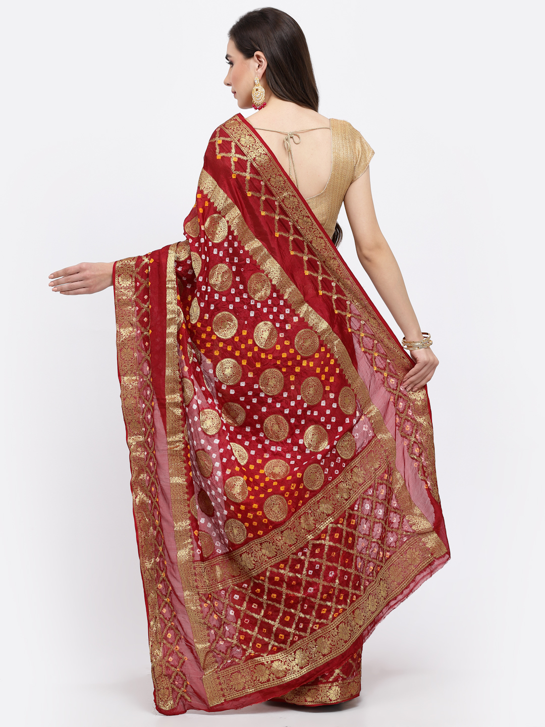 Women Bandhani With Zari Weaving Silk Saree And Blouse Maroon with Unstitched-Red