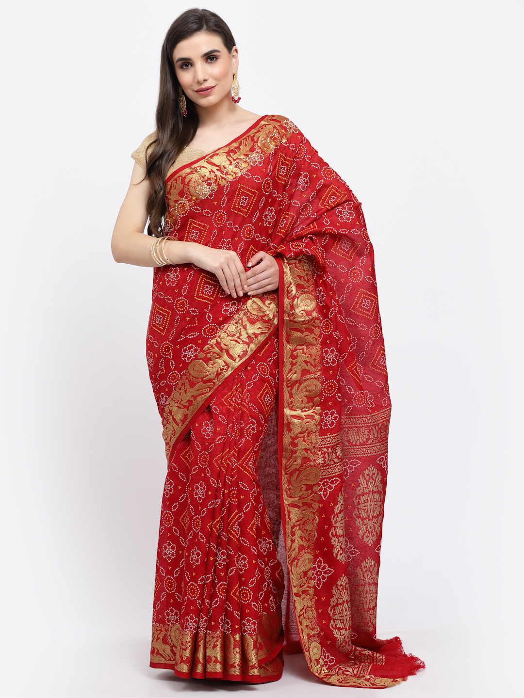 Women Bandhani With Zari Weaving Silk Saree And Blouse Maroon with Unstitched