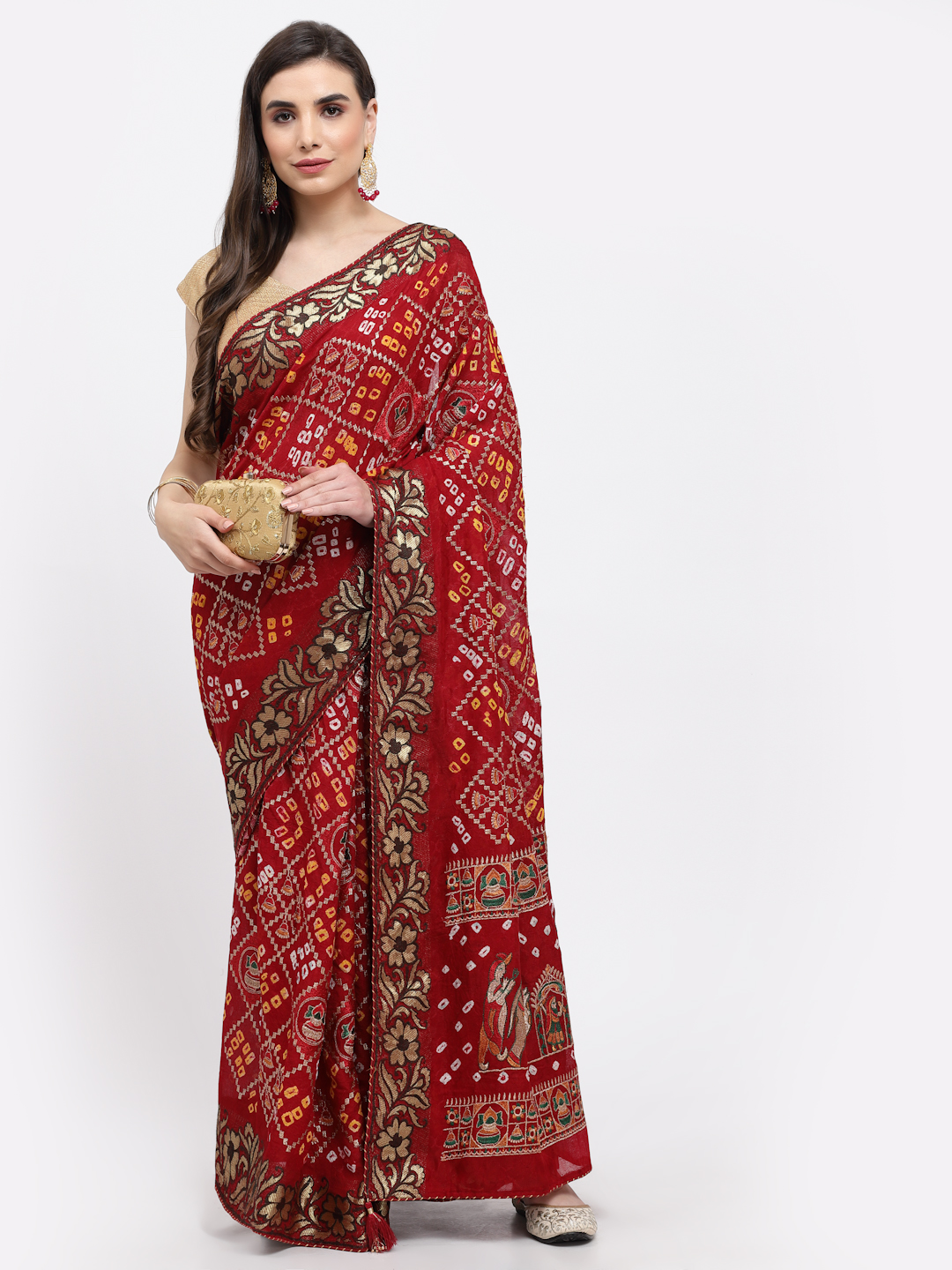 Women Bandhani With Embroidery And Zari Weaving Silk Saree And Blouse Maroon