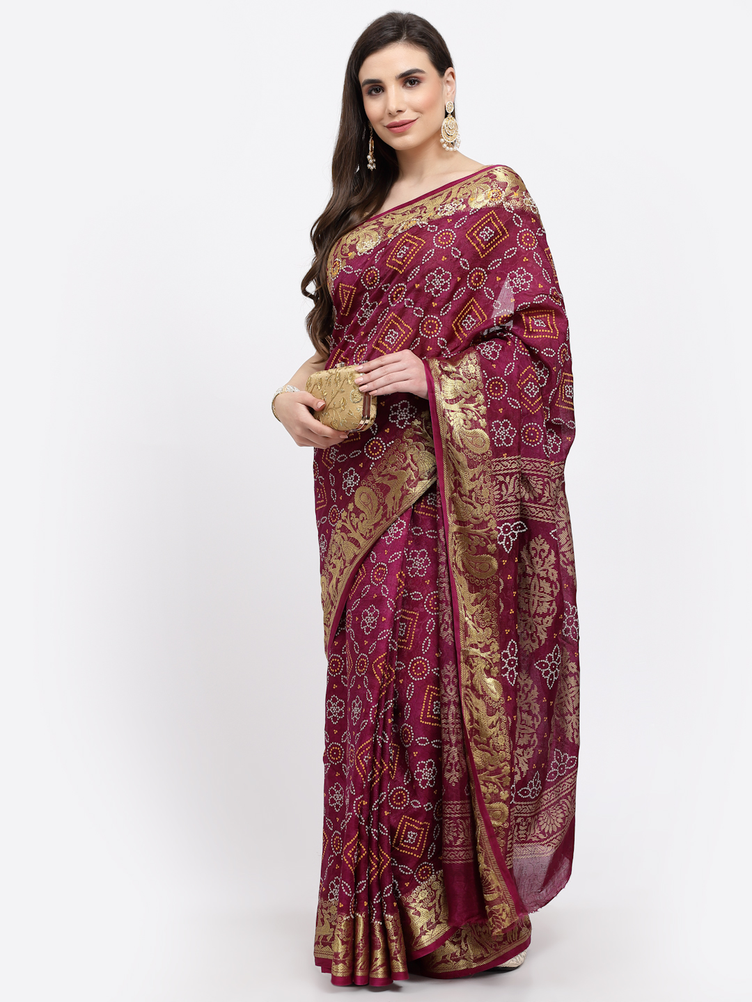 Women Bandhani With Zari Weaving Silk Saree And Blouse Wine  with Unstitched