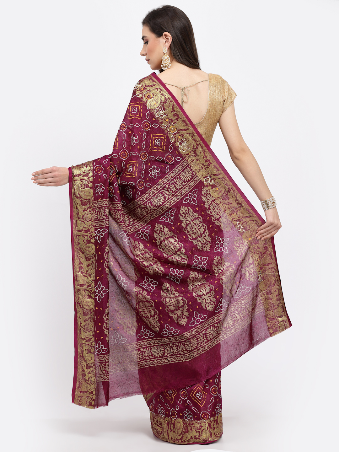 Women Bandhani With Zari Weaving Silk Saree And Blouse Wine  with Unstitched