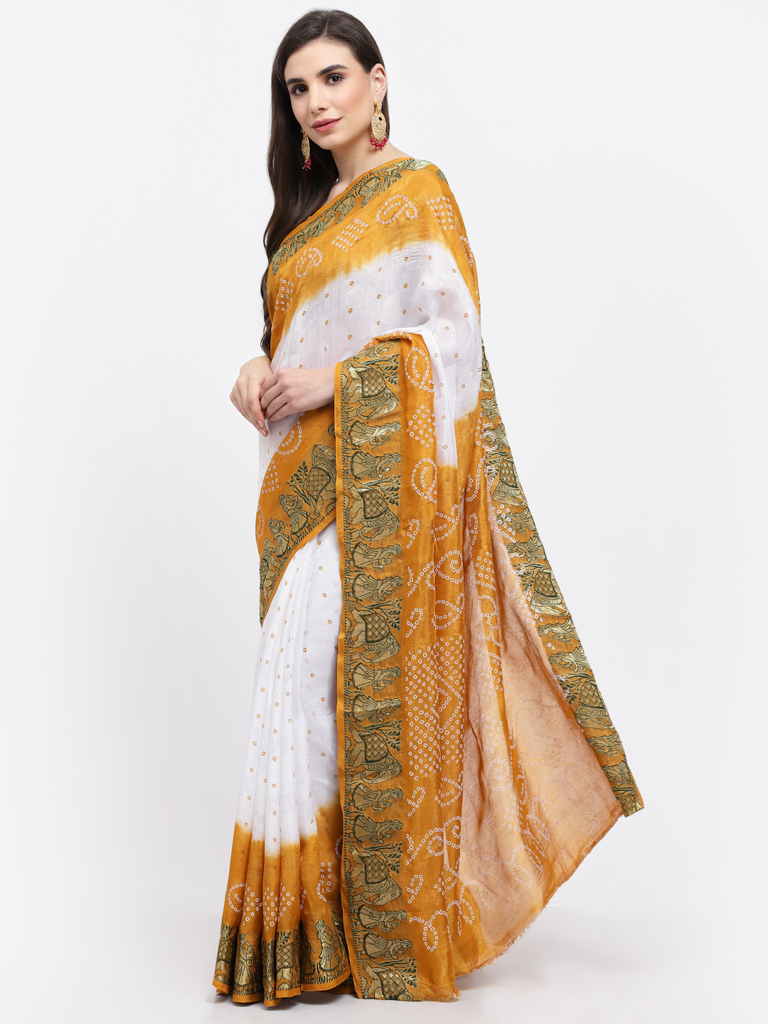 Women Bandhani With Zari Weaving Silk Saree And Blouse White & Mustard with Unstitched